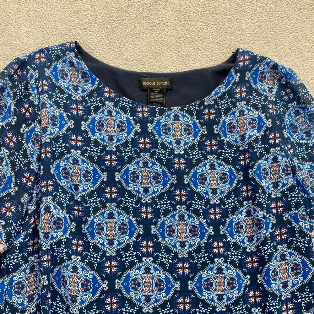 Jealous Tomato Dress Women's Size XLShift Navy Blue Medallion Bell Sleeve Lined - Picture 7 of 12